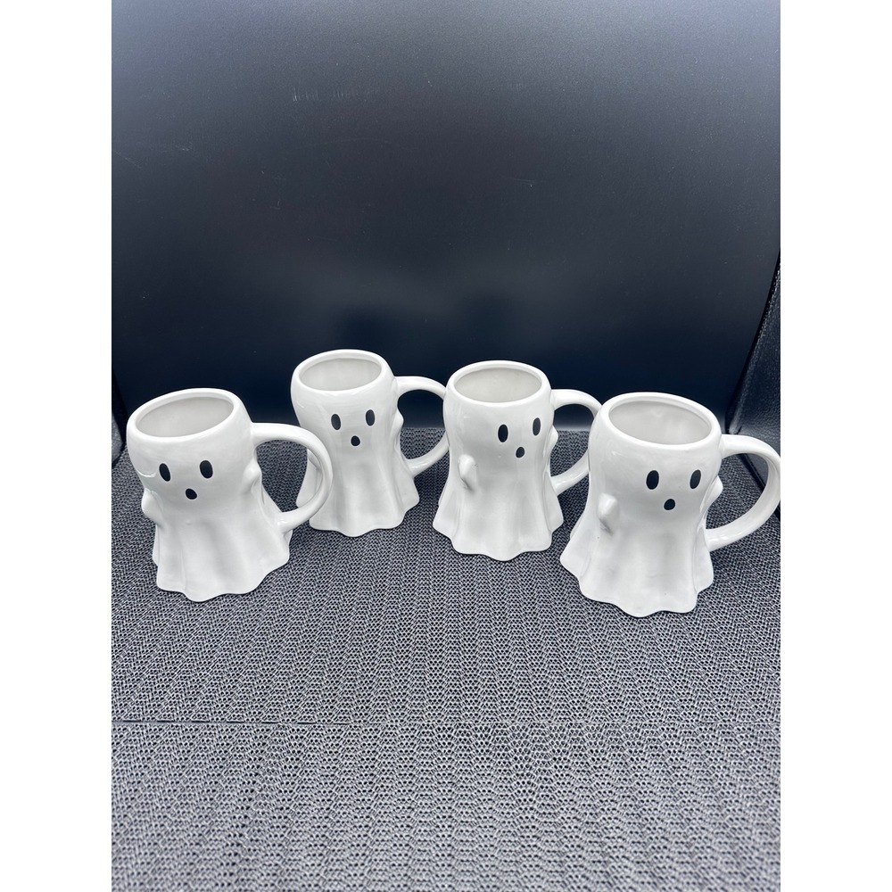 Hyde and Eek Boutique Ghost Mugs Set of 4 White Stoneware Halloween Coffee Cups